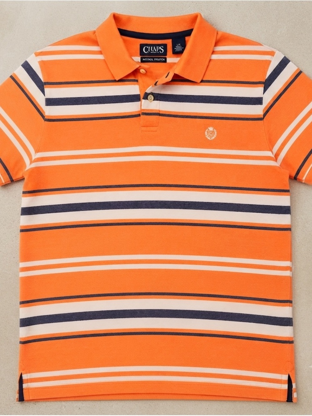 Chaps Men’s Large Orange Striped Polo Shirt Natural Stretch Golf Preppy Casual‎